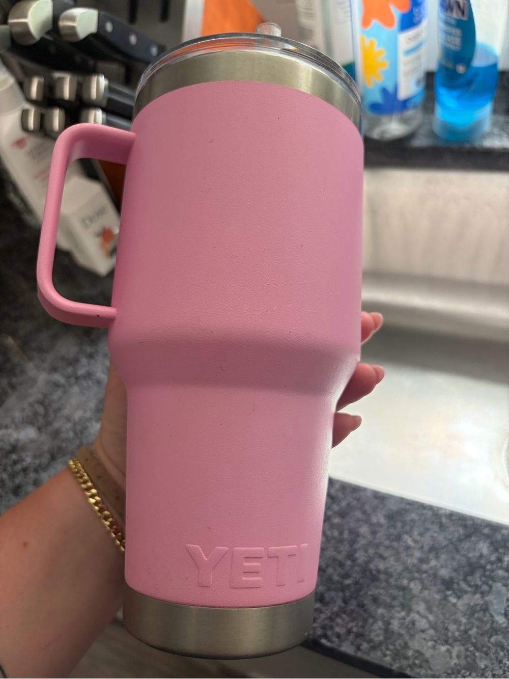 Pink yeti tumbler 35oz with handle and straw - Picture 3 of 6